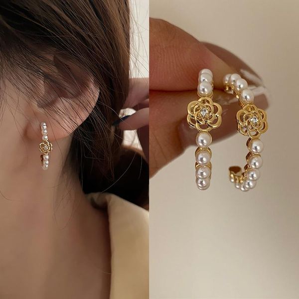 

hoop & huggie korean fashion earrings 2021 trend round gold flower for women vintage pearl female piercing ear stud, Golden;silver
