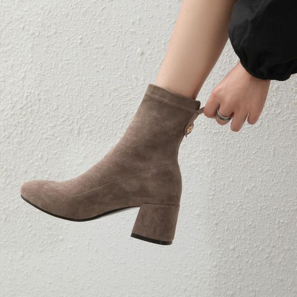 

boots ymechic womens elastic stretch sock ankle slip on black suede block chunky high heels woman booties autumn office shoes 43