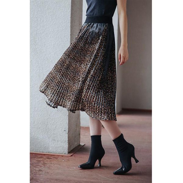 

skirts leopard print pleated skirt with elastic waist dress, Black
