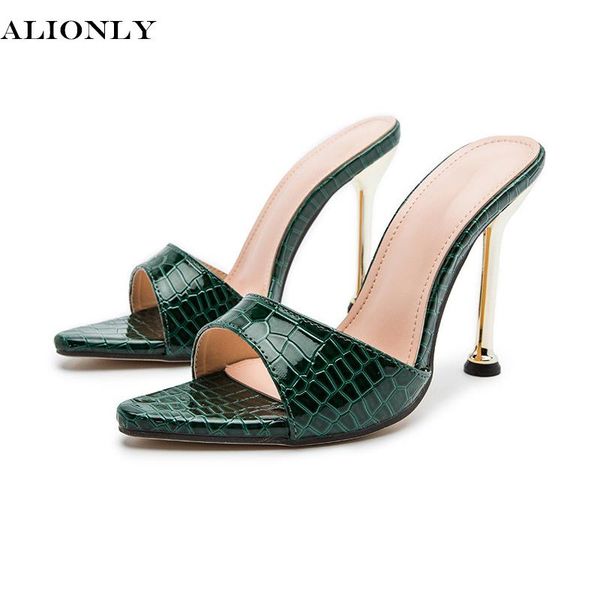 

alionly women high heels slippers summer fashion female crocodile pattern leather shoes 12.5cm high heel mules shale slides, Black
