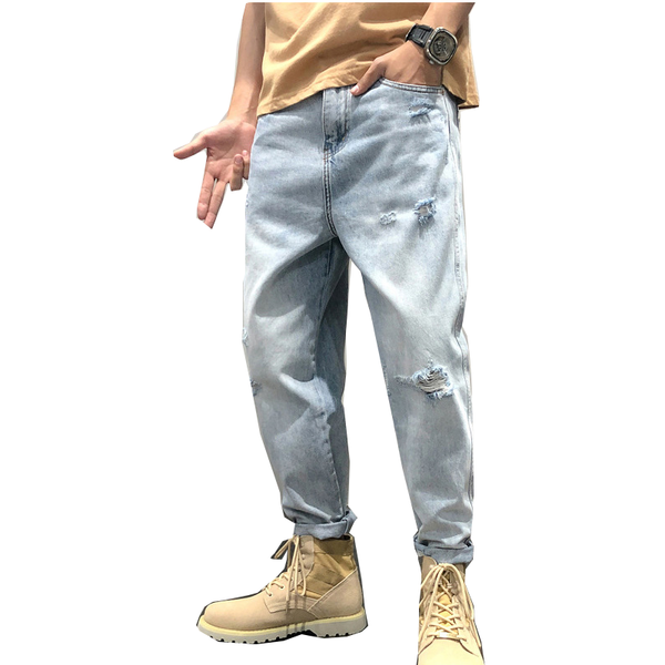 

men's pants summer style light blue loose and jeans lightweight denim casual trousers, Black