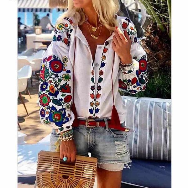 

women fashion casual long lantern sleeve flower cotton linen button shirt blouse tunic beach wear national feature blouses, White