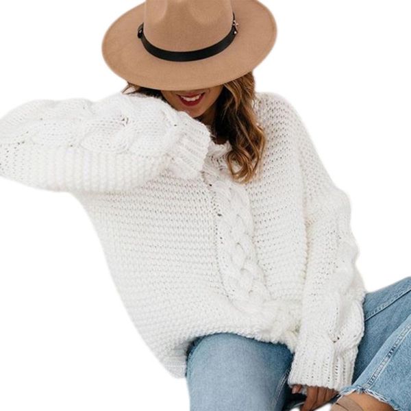 

women's sweaters women winter long sleeve v-neck sweater chunky cable knit solid color jumper top, White;black