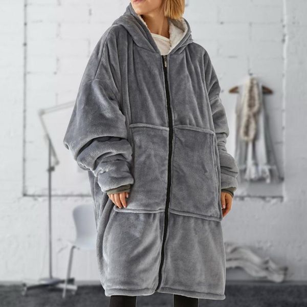 

women's hoodies & sweatshirts winter oversized hoodie sweatshirt women/men giant coat soft blanket with zipper warm robe fleece tv, Black