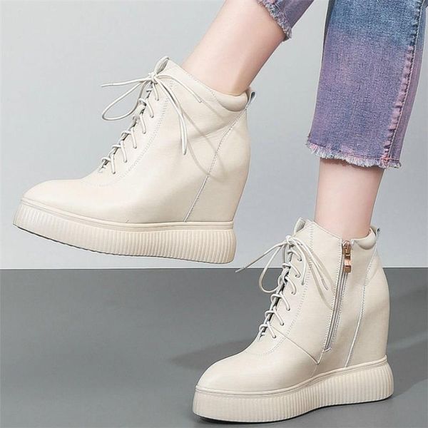 

boots casual shoes women genuine leather wedges high heel ankle female lace up pointed toe fashion sneakers trainers, Black