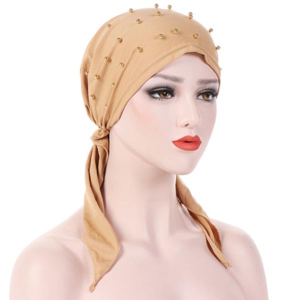 

ethnic clothing jtvovo 2021 pure color cotton beaded headscarf muslim woman tying india hat turban underscarf handkerchief fashion pirate, Red