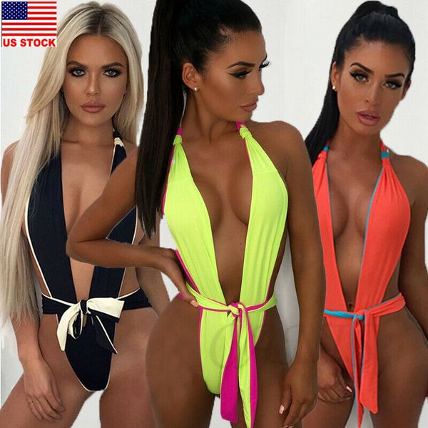 

women vintage deep v neck patchwork lace up bandage backless halter one piece suits beach bathing suits swimsuits, Black