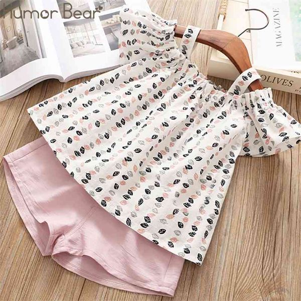 Summer Girl Clothes Suit Brand Leaf Print Sling T-Shirt + Shorts 2PCS Set Toddler Kid Neonate Abbigliamento 210611