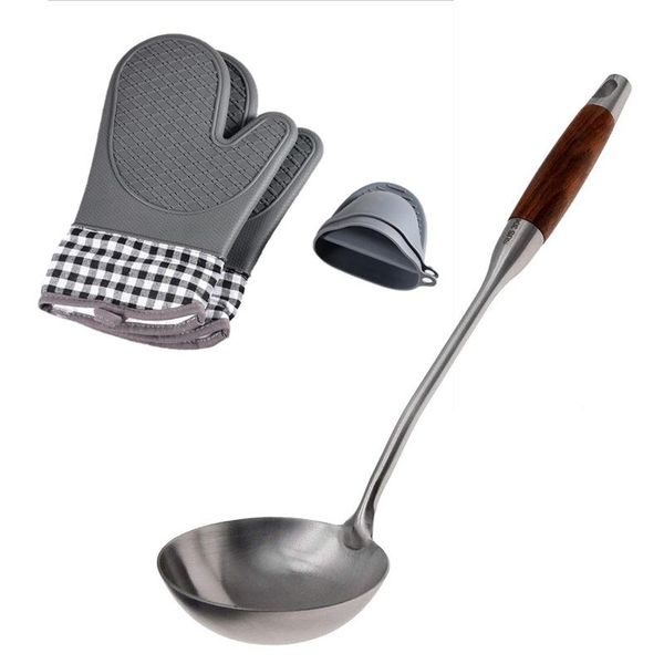 

spoons oven gloves and pot holder set heat-resistant & long soup ladle 304 stainless steel large kitchen spoon