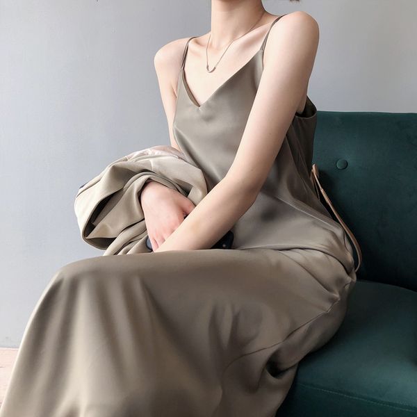 

fashion maxi olive green satin sling dress female summer sleeveless v-neck vest women dresses ni2e, Black;gray