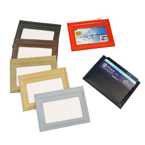 

card holders 100% genuine cow leather id holder candy color credit bank multi slot slim bus case with one side window, Brown;gray