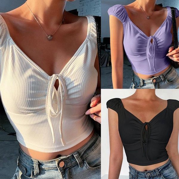 

women's t-shirt women cropped short sleeve t shirt summer lace up slim fashion casual hollow out v neck, White