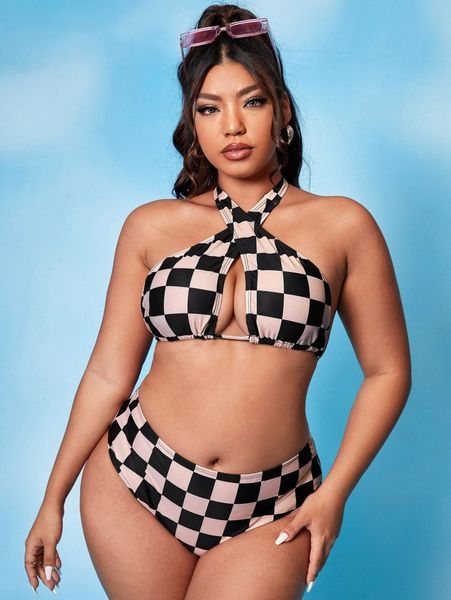 

plus checkered pattern cross halter bikini swimsuit 06k7#, Black