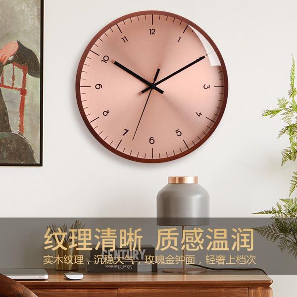 

wall clocks nordic solid wood clock simple modern light luxury rose gold mute household personality round quartz