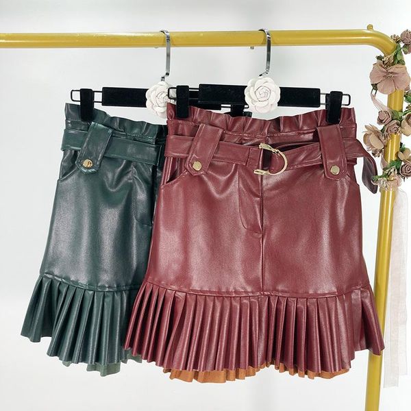 

skirts 2021 retro pleated hem high waist pu leather skirt, Black
