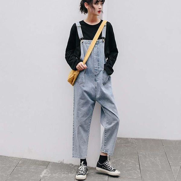 

women's jumpsuits & rompers women denim jumpsuit 2021 ladies loose jeans female casual harem cropped boyfriend bib overall playsuit, Black;white