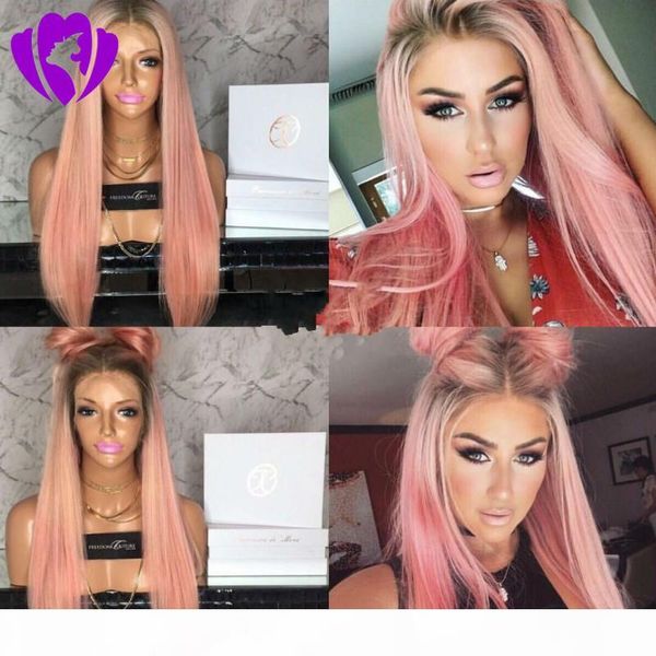 

2018 new pink lace front wig with baby hair silky straight ombre wig glueless heat resistant hair synthetic wig for women, Black