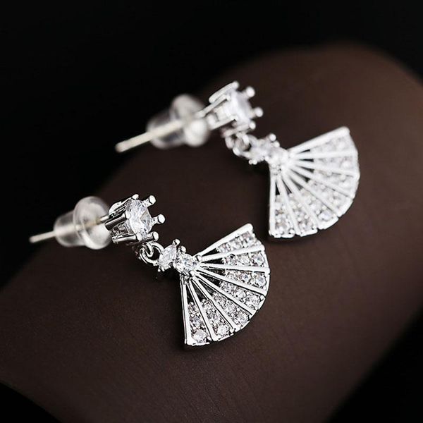 

stud fashion silver color cubic zirconia korean earrings clear crystal dangle fan shaped for women jewelry 2021, Golden;silver