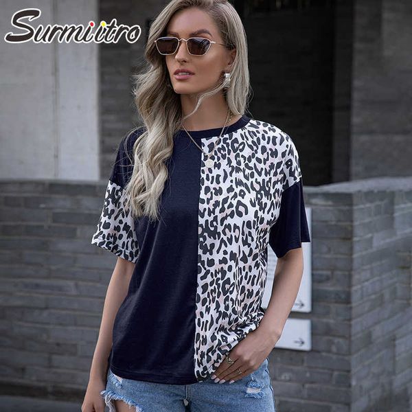 

surmiitro t-shirts for women fashion summer short sleeve black leopard patchwork t shirt casual tees female tshirt 210712, White