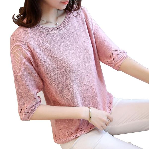

women's sweaters women sweater 2021 spring korean loose pullover half sleeve o-neck hollow out lace patchwork knitted pull femme, White;black
