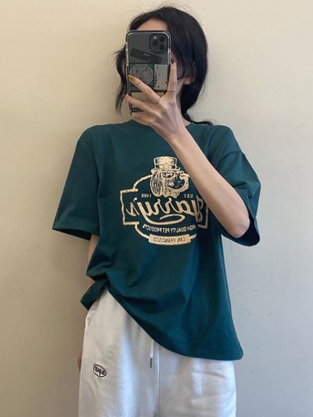 

women's t-shirt printed short-sleeved summer 2021 korean style net red super loose half-sleeved clothes trend, White