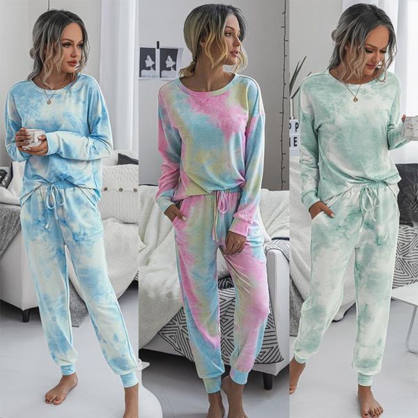 

casual pajamas 2 piece sets women autumn tie dye print o neck long sleeve +loose elastic waist pencil pants femme tracksuits, Gray