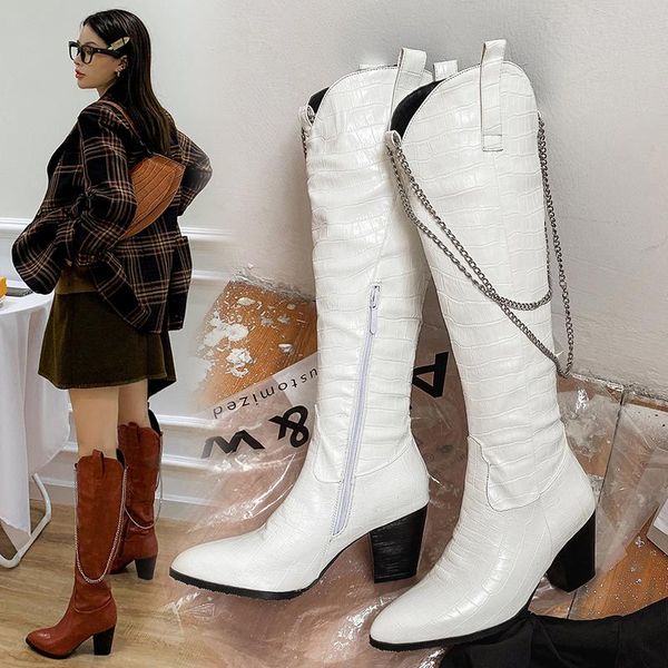 

boots ins handsome fashion 2021 autumn winter cowboy western high heel pointed thick tube children's long, Black