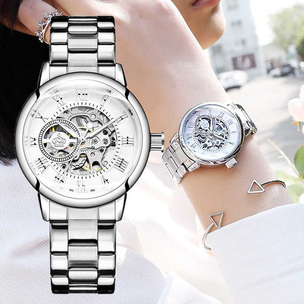 

reloj mujer montre femme silver women's dress watches ladies stainless steel strap skeleton automatic mechanical 210616, Slivery;brown