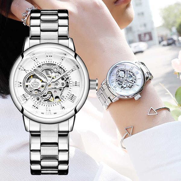 Reloj Mujer Montre Femme Vestido de Prata Relógios de Relógios de Aço Inoxidável Skeleton Mecânica 210616