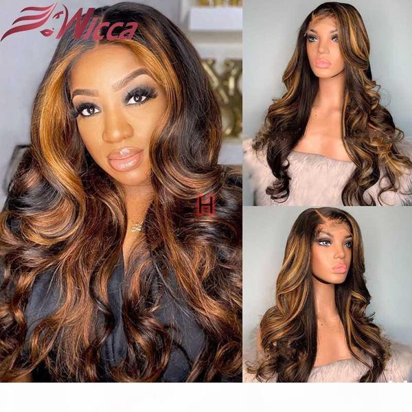 

wicca 13x6 180 density lace front human hair wigs highlight body wave pre plucked brazilian remy for black women, Black;brown