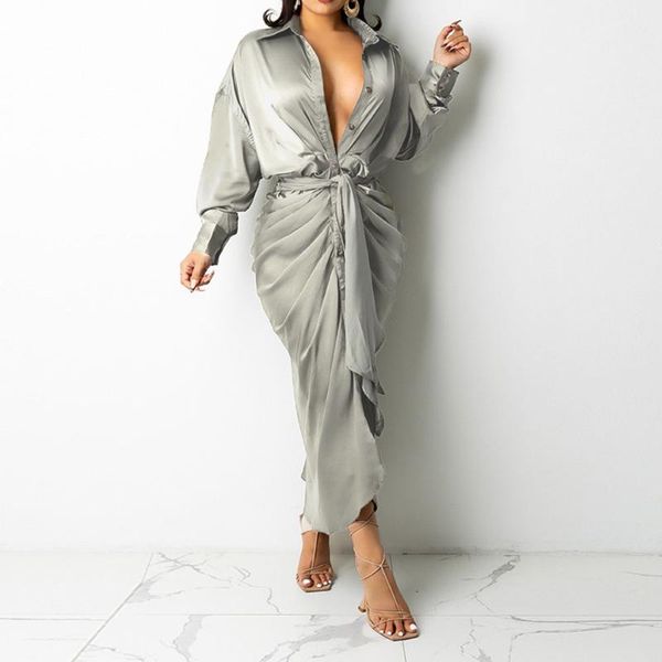 

casual dresses 2021 dress western style autumn women solid color hollow out folds lapel long sleeve bandage high waist, Black;gray