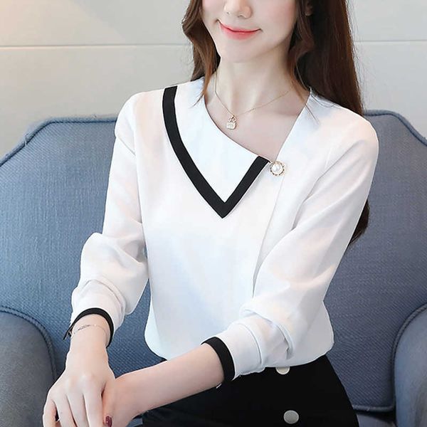 

korean fashion women blouses woman chiffon blouse plus size long sleeve solid v neck lady shirt blusas mujer de moda 210531, White