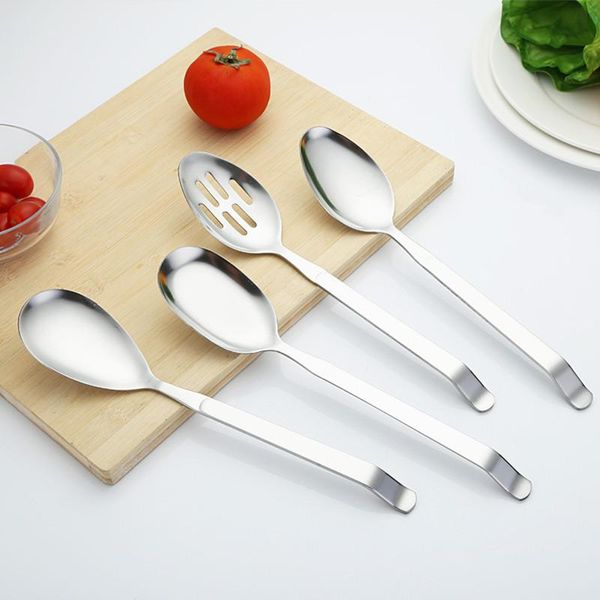 

spoons 28cm stainless steel vegetable spoon serving colander curved tail handle kitchenware hollow out scoop 4pcs/set