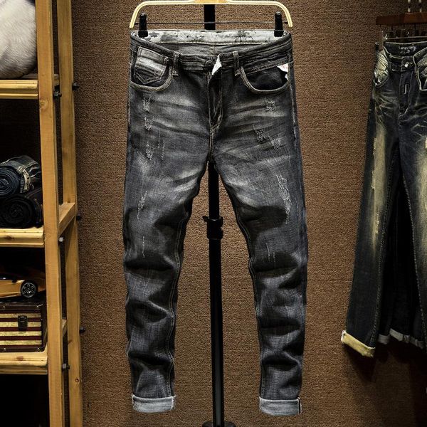 

italian style fashion men jeans slim fit retro black gray vintage designer jeans men streetwear classical ripped homme, Blue