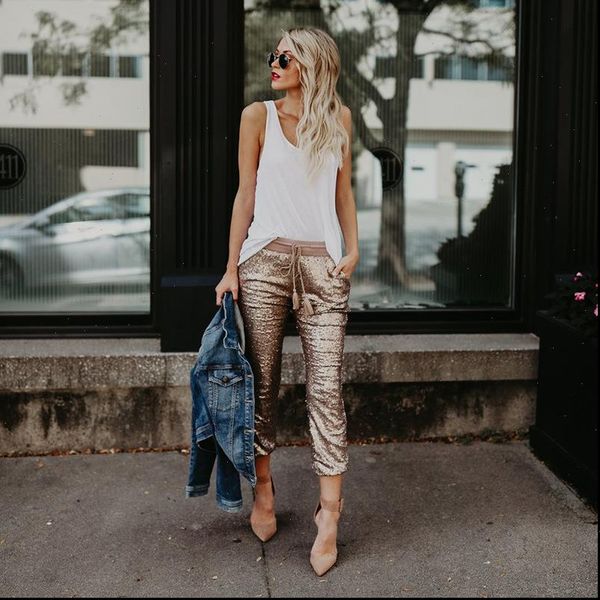 

fashion women casual sequin glitter skinny pants high waist drawstring trousers pencil pants drop shipping good quality, Black;white