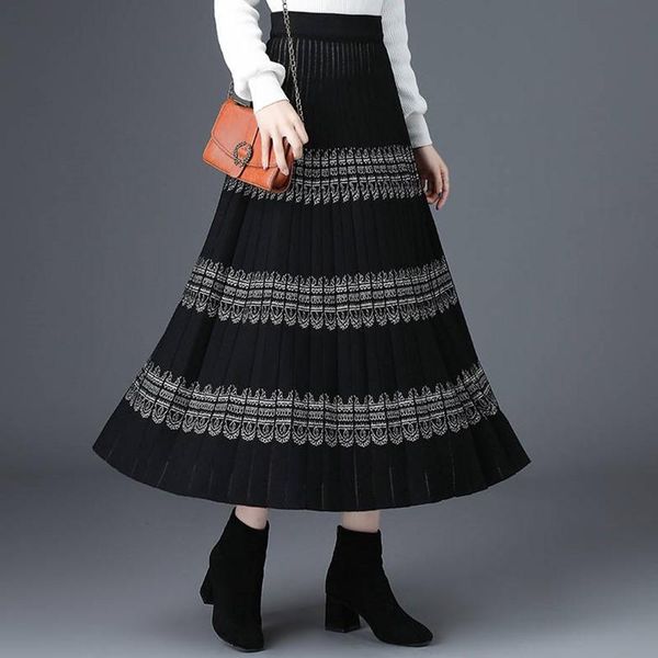 

skirts tld quality products nation printing knitted straight skirt spring autumn pleated high waist long for women, Black