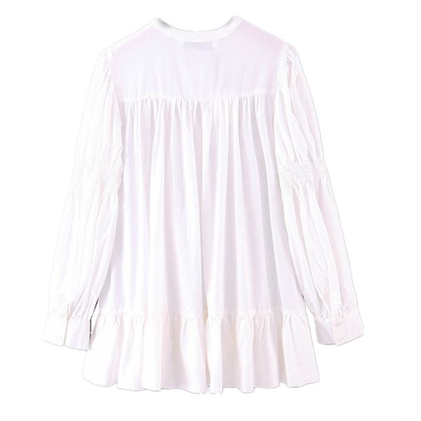 

2021 women white long leg sleeve hollow out hole flower embroidered shirt casual o neck buttons draped ruched loose blouse