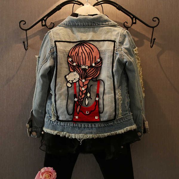 

1-12yrs baby girls hole denim jackets coats children outwear coat sequins little girl design girls kids denim jacket, Blue;gray