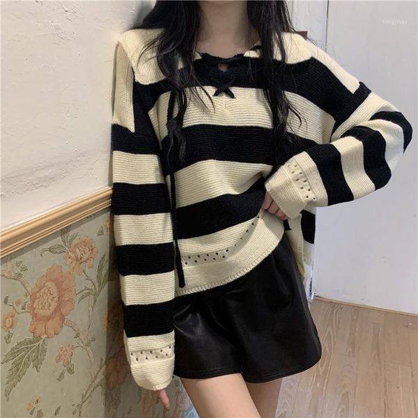 

women's sweaters retro lace-up collar striped sweater women autumn fashion loose knit pullover, White;black