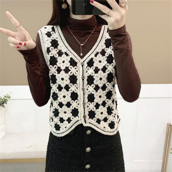 

women's vests autumn knitted cardigan sleeveless floral hollow out crochet vest women v-neck single breasted short coat cardigans, Black;white
