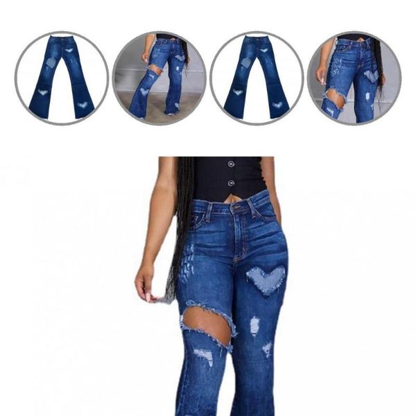 

women's jeans broken hole denim flare pants women lady heart pattern, Blue