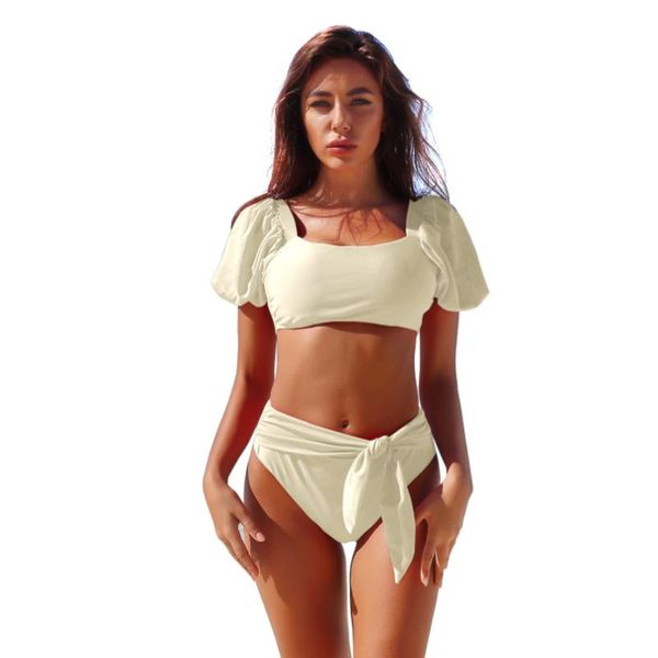 

women's swimwear lastest solid color short sleeve high waist elastic bikini two piece set, White;black