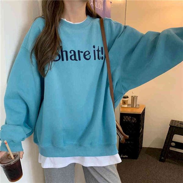 

false two women's sweat pullovers loose in korean style lazy bf plus thick velvet hong kong student jacket dv31, Black