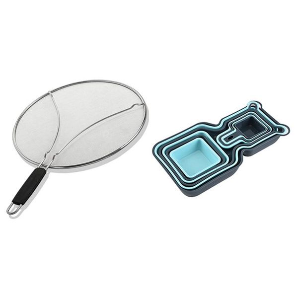 

kitchen storage & organization 2pcs stainless steel filter lid handle collapsible explosion-proof oil cover with 10pcs superior pp food plat