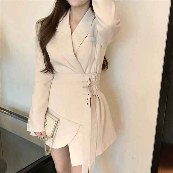 

casual dresses elegant blazer dress women long sleeve one-piece korean evening party belt office lady female 2021 autumn, Black;gray