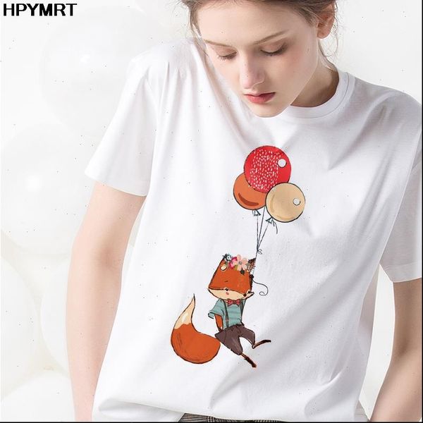 

fox with balloon t shirt women kawaii print white t shirt harajuku fashion tshirt casual tee shirt female vogue new summer