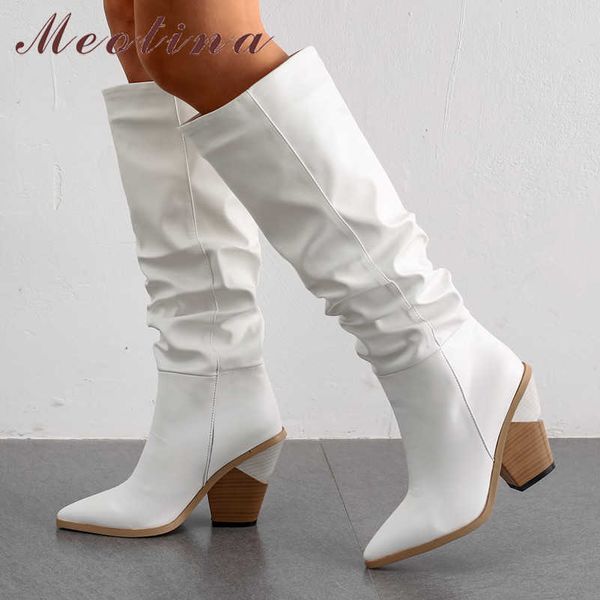 

meotina winter knee high boots women pleated strange style high heel long boots fashion pointed toe shoes lady autumn size 34-43 210608, Black