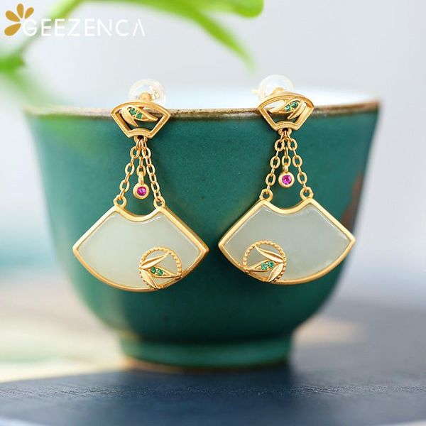 

925 sterling silver gold plated white jade drop earrings for women vintage fan shaped gemstone earring 2021 new trend party