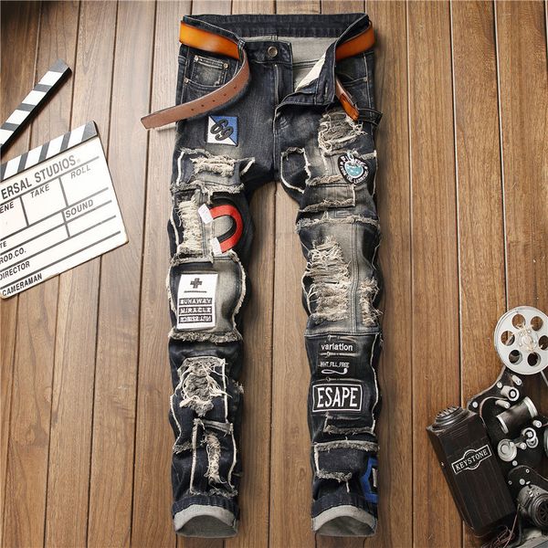 

2021 new hip hop jeans for men's straight fashion hole ripped distressed moto bike vintage jean plus size msx5, Blue