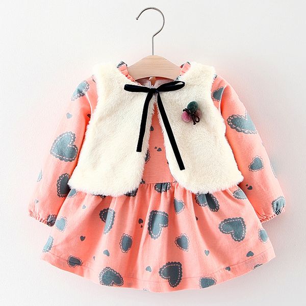 

girls suit childrens clothing autumn and winter fur vest+princess party love velvet dress 2pcs warm baby kids girl clothes, White